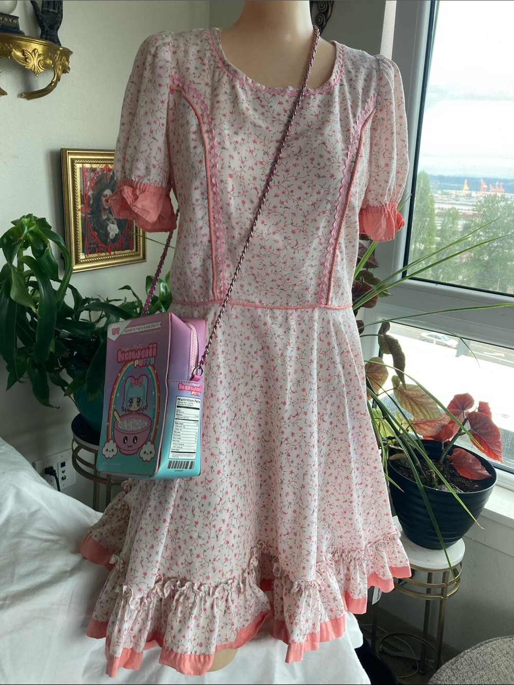 Handmade vintage a-line puff sleeve ruffle dress